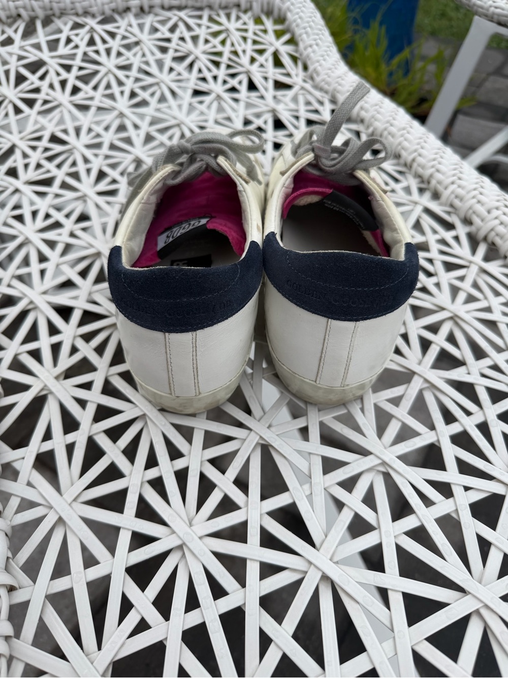 Golden Goose women’s White Leather Sneakers with Pink Glitter Star and Navy Heel - Picture 3 of 13